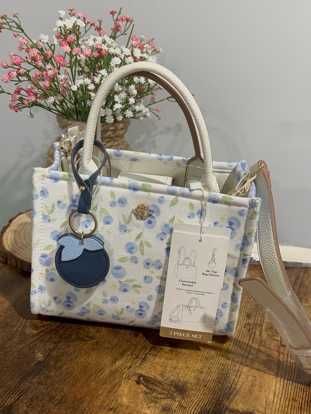 Floral Canvas Tote Bag with Blue Charm - Women Bagsy
